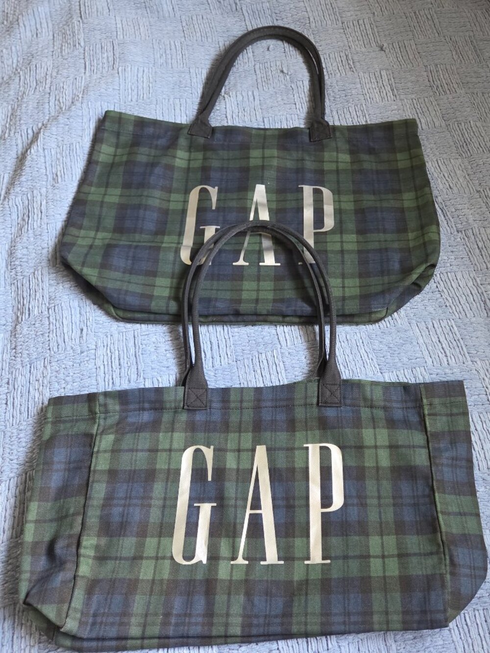 Gap Green & Navy Plaid Canvas Tote Bag Set (2-Piece Lot)